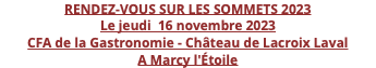 RENDEZ-VOUS SUR LES SOMMETS 2023 Le jeudi 16 novembre 2023 CFA de la Gastronomie - Château de Lacroix Laval A Marcy l'Étoile